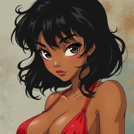 Character design featuring an attractive woman in a red bikini. Stylish and vibrant illustration. Emphasizes facial features and hairstyle with a backdrop.