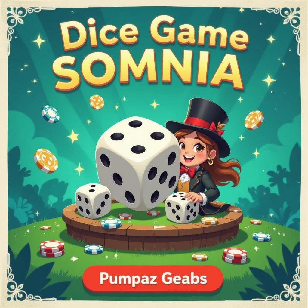 A colorful and fun illustration of a dice game. Large white dice are being thrown by a character in a top hat. The scene is lively with chips and a whimsical background. A title for the game is displayed prominently.