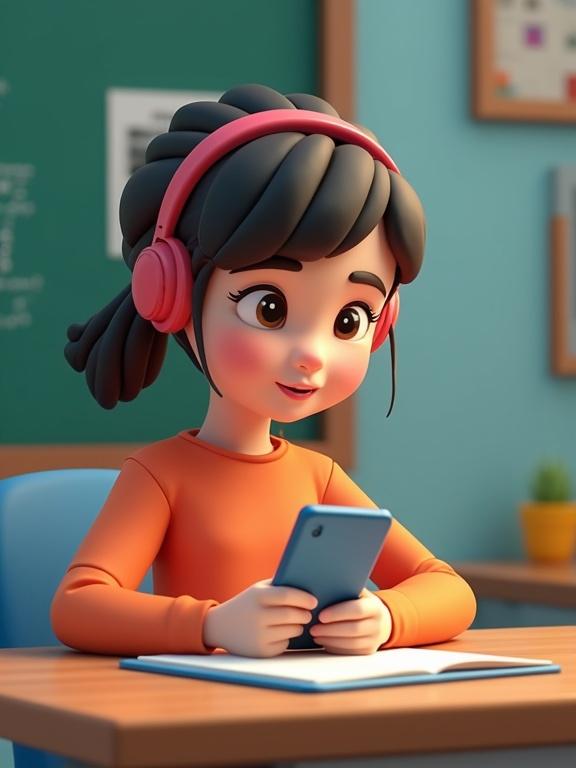 3D style image of a girl sitting at desk engaging with mobile phone during class. She wears headphones and smiles while participating in a quiz game.