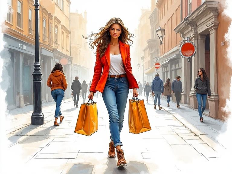 Woman walking confidently with shopping bags in a lively urban street. Fast sketch style with ink and highlighter. Windy setting with a vibrant atmosphere.