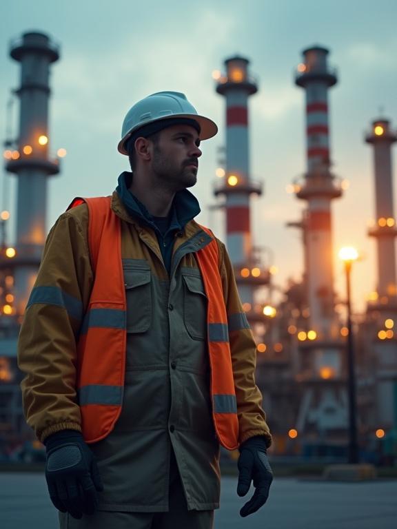 You see a worker in oil industry standing still. The background shows oil processing plant with high chimneys. The worker wears safety gear including a hard hat and a reflective vest. The atmosphere is industrial and slightly illuminated by evening lights.