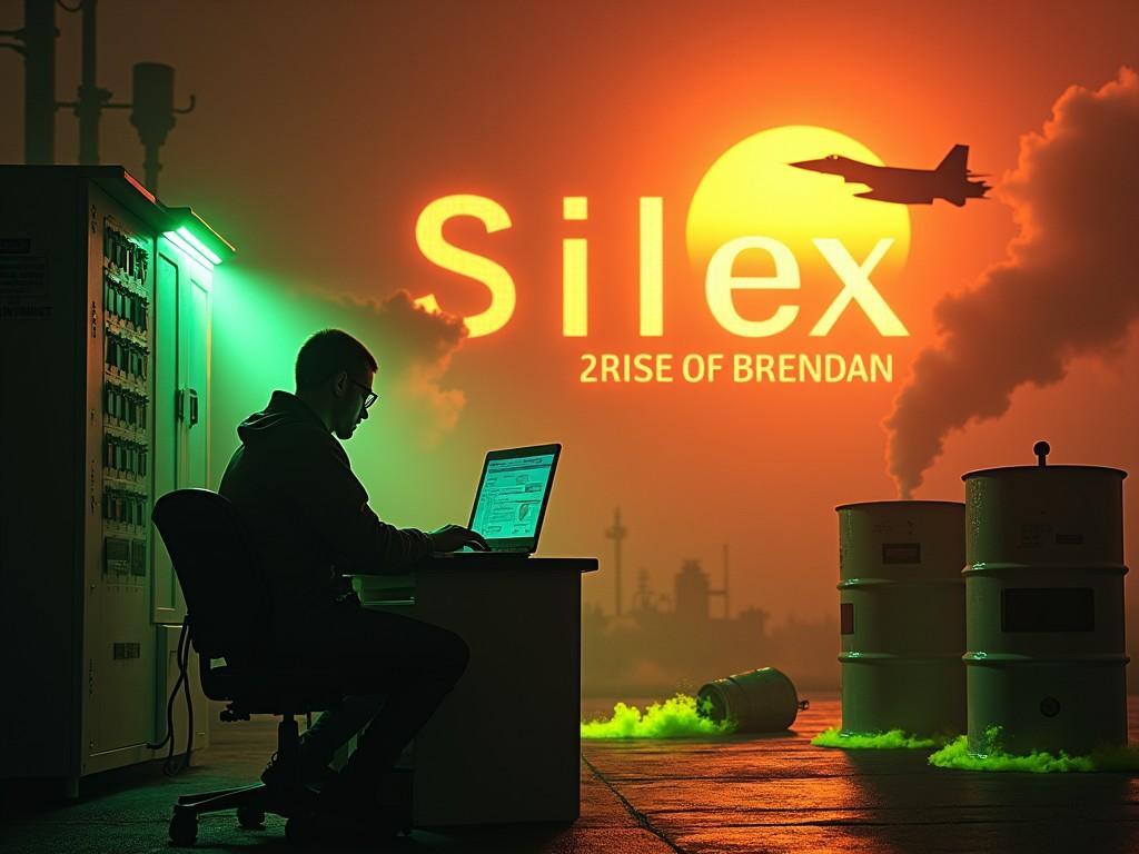 The image depicts an engineer, sitting in a gloomy lab and programming on a laptop, which is connected to a large electrical control panel. In the distance, we can see barrels with glowing green goo oozing out. Laser beams illuminate the background, partially obscured by smoke. Above, the sky is a vivid orange, lit by the sun's rays, with a fighter jet soaring past. We see the words 'Silex 2 Rise of Brendan', prominently illuminated against the dark setting.