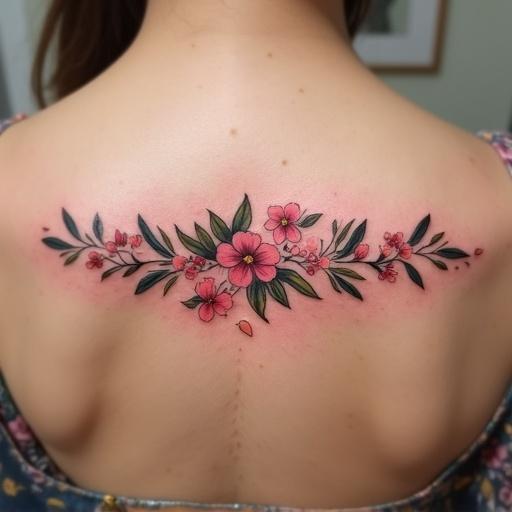Tattoo on a woman's back. Curved design of colorful small flowers. Features pink flowers with green leaves. Soft shading enhances the floral arrangement.