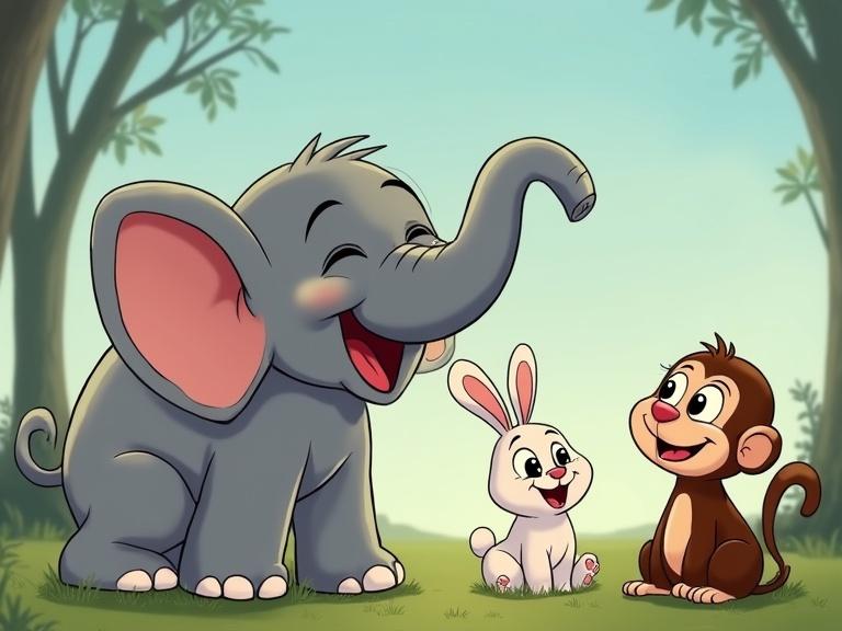 A cartoon scene features a happy elephant laughing and calling out to two friends. The friends are a cheerful rabbit and a playful monkey. The background shows a sunny forest with lush greenery.