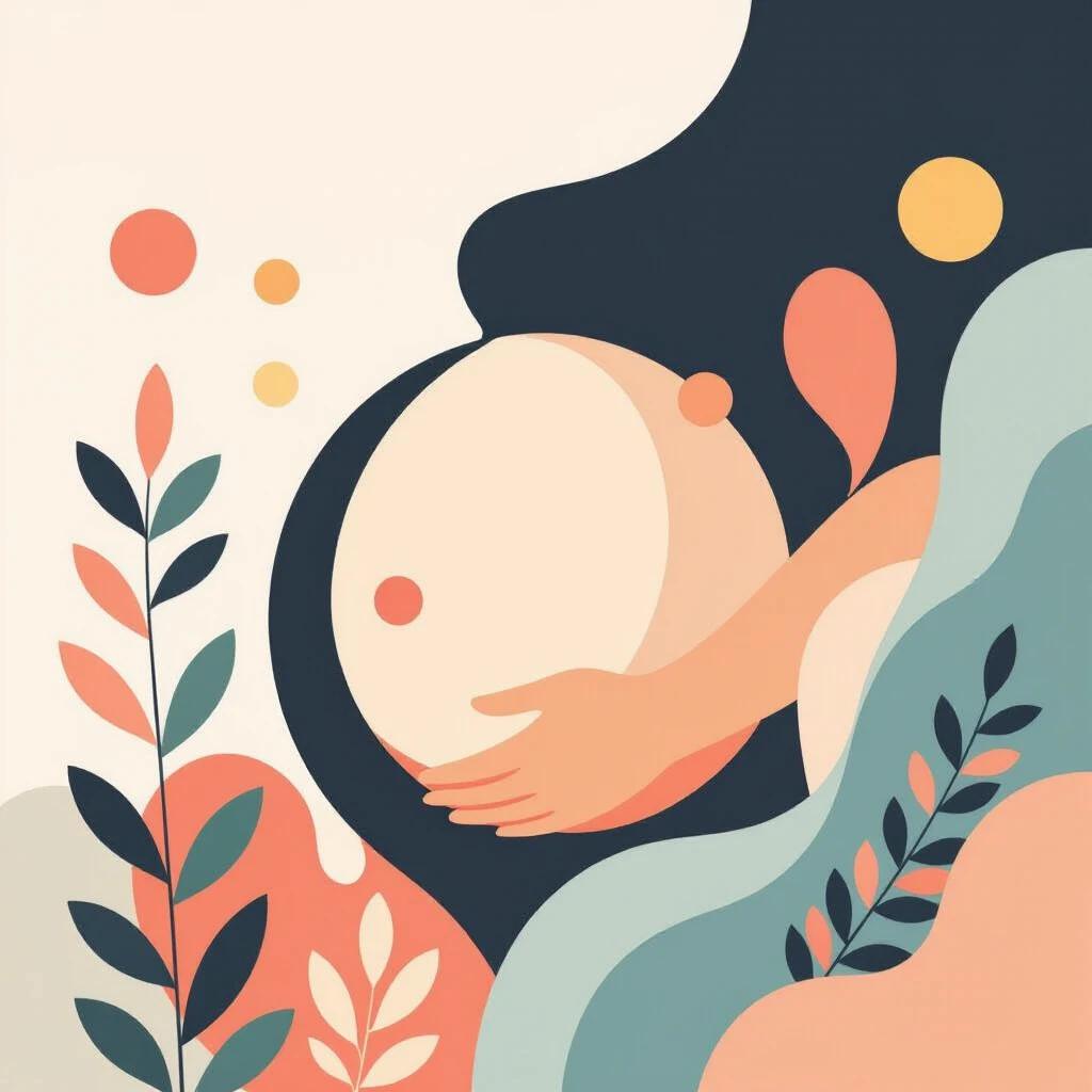 Illustration showing early pregnancy stages. Simple abstract shapes used. Rounded silhouette of a belly with elements suggesting growth. Soft gradients with specific colors. Clean background. Mood is hopeful and serene. No harsh lines. Minimalist and friendly style.