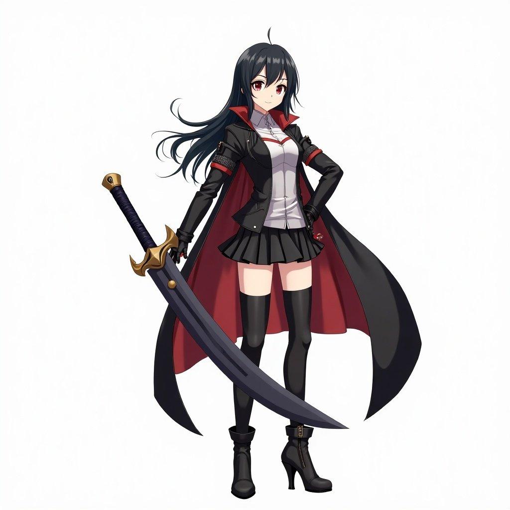 Anime girl with black hair. She has a sheathed sword at left hip. Left hand gripping hilt. Right hand bent at elbow. Eyes look to right but face forward. Leather gloves add edginess. Knee-high black leather boots with high heels. Bright captivating smile exudes self-assurance and strength. Anime-style character in dynamic pose.