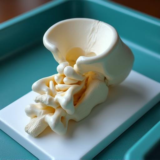 Photorealistic model of C1 cervical vertebra placed on a medical tray