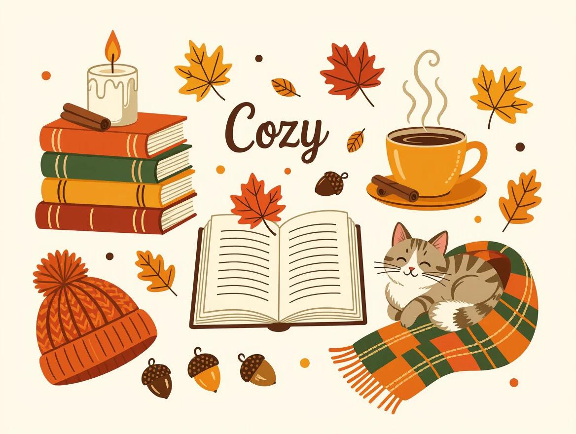 An embroidery-style digital illustration showcasing cozy autumn elements like colorful books, a candle, an open journal with a leaf bookmark, a steaming teacup, a fluffy cat on a plaid scarf, acorns, a knit hat, and whimsical leaves. The scene features warm autumn tones and a vintage cozy aesthetic with no text, suitable for various products.