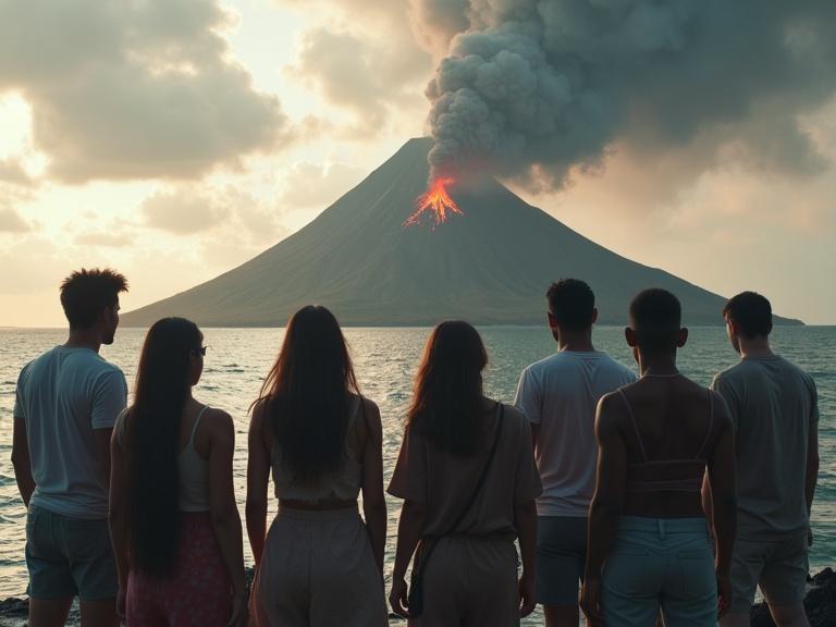 Group of seven diverse adults on a rocky shore. They watch a tropical island with a volcano erupting. The island is cracked. Smoke and glowing lava visible. Calm ocean in front. Faces show mixed emotions. Ash clouds in the sky. Dramatic lighting creates an atmosphere.