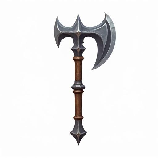 Icon of an ancient battle axe designed for a card game. The axe is gray and brown. Size is 48 x 48 pixels. Style resembles World of Warcraft. Background is transparent. The blade is facing forward.