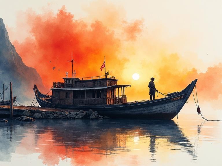 Artwork shows an old boat docked at sunset with a figure standing aboard. The merging of art styles reflects fluid watercolour and detailed brush techniques. Vivid colors enhance serene ambiance in the image.