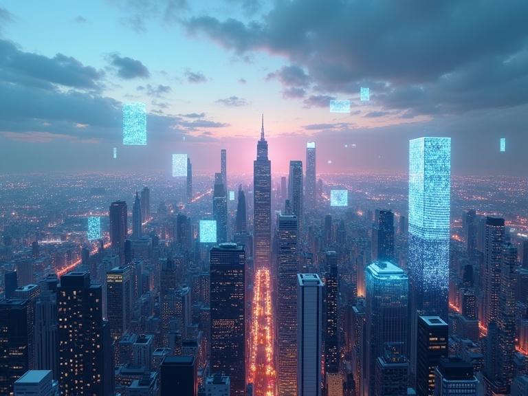 Futuristic city skyline with digital ads floating above it. Aerial view of tall skyscrapers at twilight. Soft glow of lights in the city.