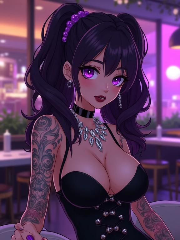 Anime inspired image showing a modern woman in a luxurious restaurant. She has a combination of purple and black elements in her outfit with a high-fashion design. Her accessories include amethyst purple diamond jewelry. The background gives a night-time luxurious restaurant vibe. The woman's hair is oversized and curly, with a edgy style. She has colorful tattoos on her skin.