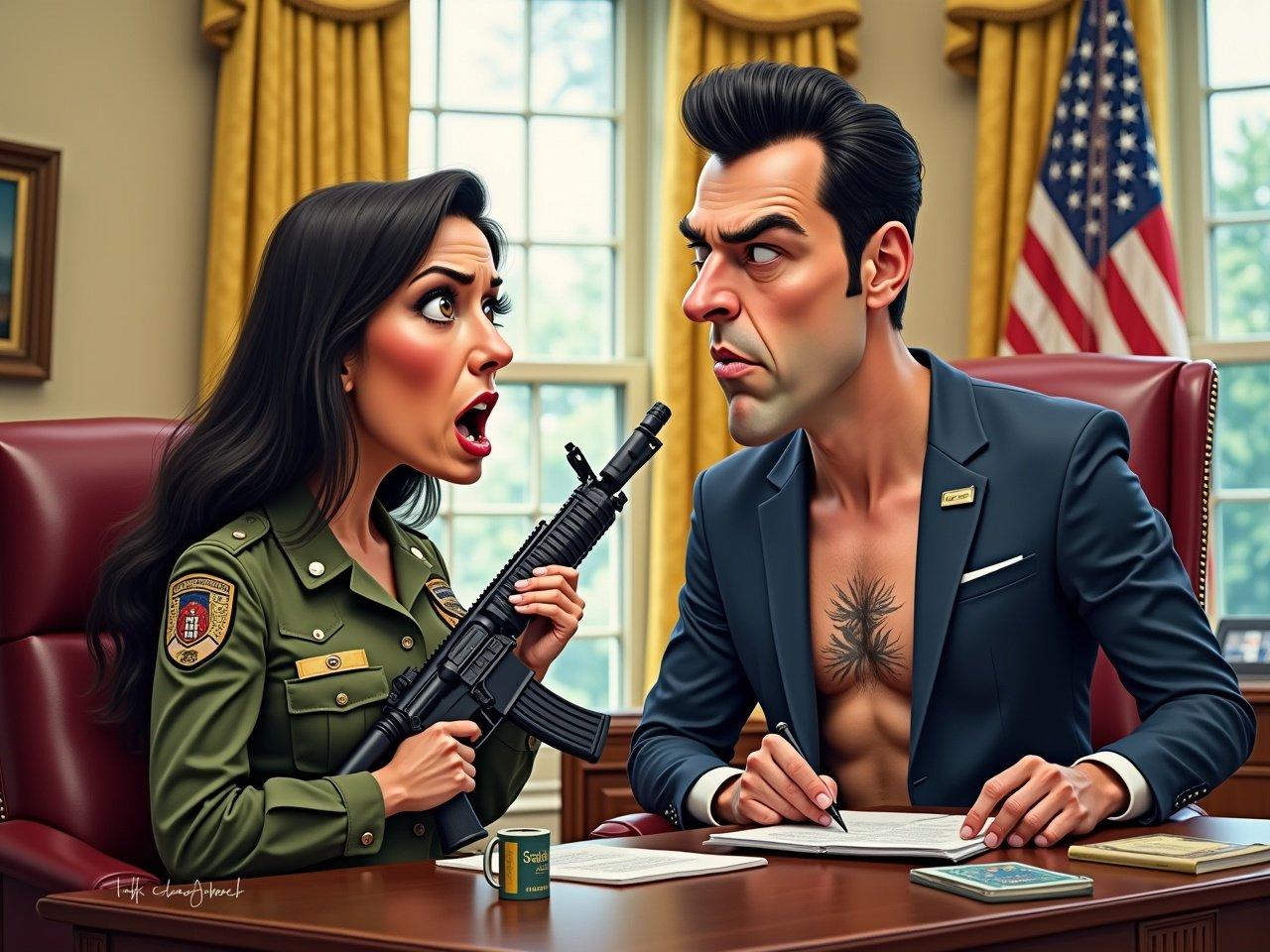 The artwork features two prominent figures in a playful and exaggerated style. Tulsi Gabbard, dressed in her army uniform, is in her office in The White House, holding an AR-15. She is looking angrily at Pete Hegseth, who has a Jerusalem Cross Tattoo on his chest. The two figures are depicted as caricatures with whimsical expressions. This cartoonish portrayal suggests themes of power dynamics and humor in politics, inviting viewers to reflect on the relationships between these influential personalities.