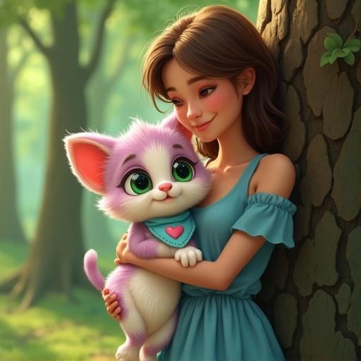 A woman in a blue dress hugs a fluffy kitten. The kitten has pink and lavender fur and a blue bandana with a stitched heart. They stand by a tree in a forest where light beams filter through the leaves.