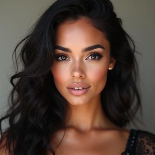 Realistic photo of a model wearing a stylish top with black hair and almond-shaped eyes. Portrait captures elegance and beauty.