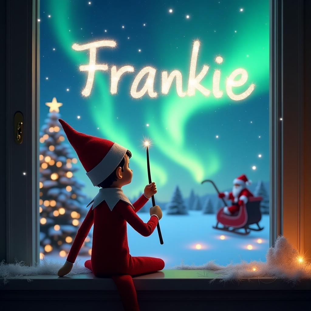 The image depicts an elf on the shelf, positioned with his back towards the viewer. The elf is gazing upwards while using a wand to inscribe 'Frankie' across a magical sky filled with northern lights. The background features a festive Christmas scene with sparkling stars and hints of a winter wonderland. Softly glowing lights from a Christmas tree are visible, adding to the overall charm. A sleigh with Santa Claus can be seen in the distance, enhancing the holiday spirit.