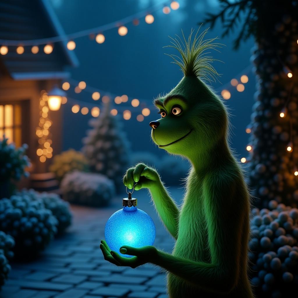 Scene depicts a serene night garden. The Grinch holds a glowing blue Christmas bauble. Twinkling Christmas lights enhance the magical feeling.