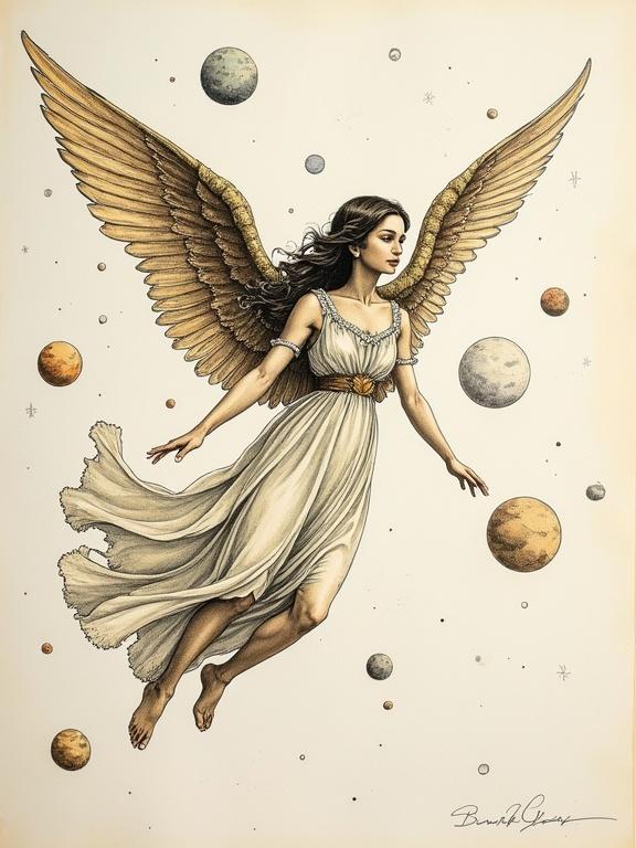 Angel flying in outer space among planets. Hand-drawn illustration with fine ink pen style. Expressive lines and subtle shading. Detailed natural forms. Organic and elegant composition. Vintage illustration aesthetic. Professional sketchbook quality. Natural color palette with soft watercolor accents or ink washes.