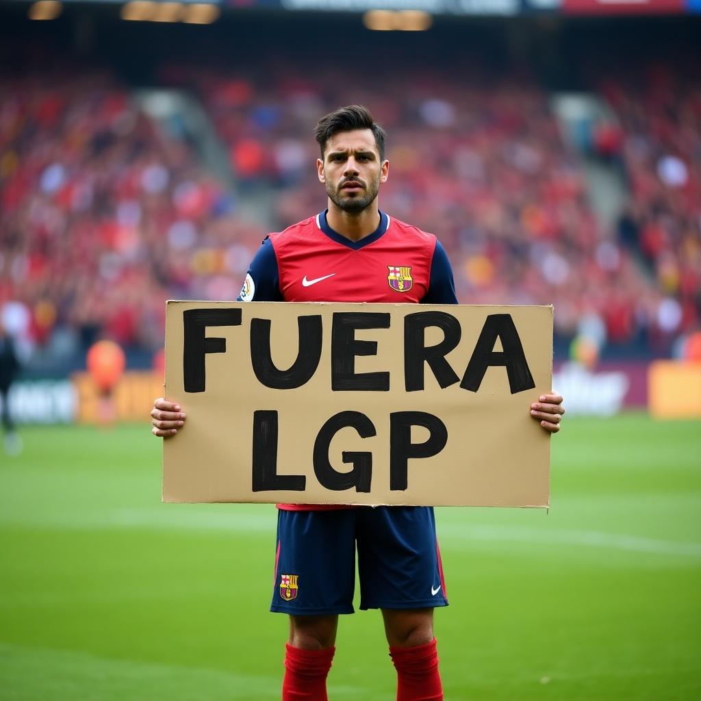 Pro football player stands on the field holding a sign that reads FUERA LGP. The player is in a football kit, showcasing team colors with a crowd in the background.