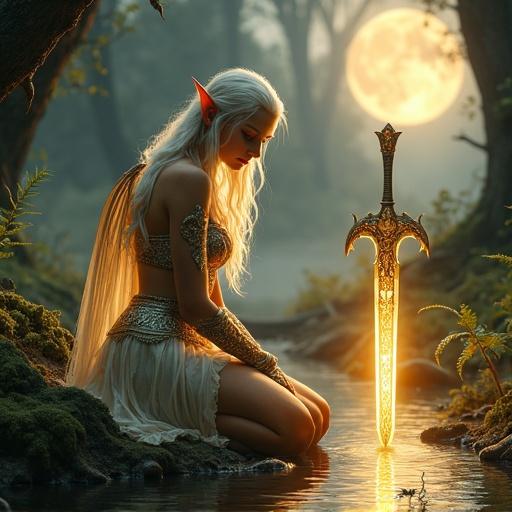 A luminous female nordic elven warrior queen kneels at the edge of a moonlit stream. She holds an ancient enchanted sword in a moss-covered stone. The sword radiates a golden magical aura. She wears delicate filigree armor with glowing runes. Her platinum hair flows down her back. Translucent fae wings shimmer behind her. Ripples spiral in the stream below. Light particles drift in the air. Ancient roots twist through the stream. Tall ferns lean inward. Towering trees cast shadows. The atmosphere is thick with enchantment.