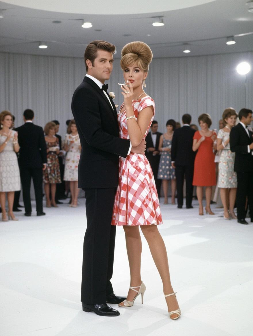 Couple dancing at a stylish party. The woman wears a checkered red and white dress. She has an updo beehive hairstyle and holds a cigarette. The man is in a tuxedo. Party guests in the background are dressed in 1960s fashion.