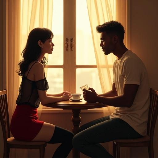 Romantic indoor café scene with soft morning light. Woman at round café table near window wearing sheer blouse and red skirt. Man across wearing fitted t-shirt. Warm and intimate setting with golden sunlight and pastries. Emotional and quietly intense connection. Focus on warmth and storytelling.