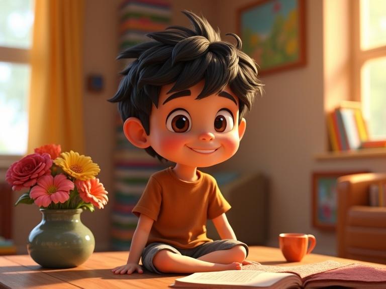 Young boy with messy black hair smiles. Cozy living space filled with colorful books. Vase of flowers on the table. Sunlight illuminates the room.