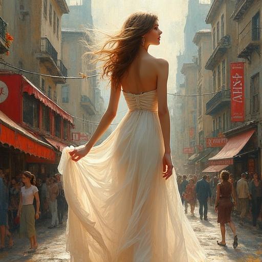 An abstract artwork showcasing a feminine figure in a flowing white dress walking gracefully in a vintage-inspired cityscape. Soft colors and a whimsical atmosphere echo the styles of Gustav Klimt and Willem Haenraets. The scene captures the delicacy of femininity in fashion.