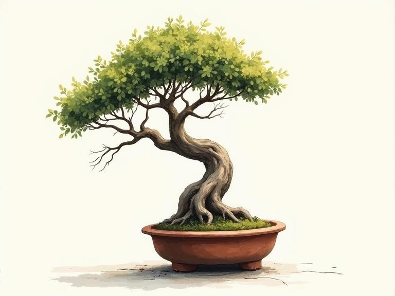 Fine art print featuring a bonsai tree with a unique and whimsical appearance. The tree showcases an asymmetric trunk with sparse branches and clumpy leaves. It is set against a plain background. The artwork is created using high contrast hand-painted acrylics and depicts the tree sitting in a simple clay pot.