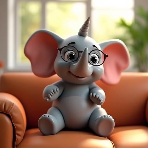 A 3D cartoon elephant sits on a couch wearing glasses. The elephant is chubby, happy, and has a playful character. The setting is bright with sunny day light filtering through windows.