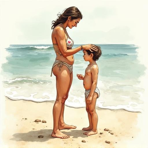 Child at the beach applying sunscreen with his mother. Hand-drawn illustration in fine ink pen style with expressive lines and subtle shading. Detailed natural forms in an organic and elegant composition. Vintage illustration aesthetic with professional sketchbook quality. Natural color palette featuring soft watercolor accents or ink washes.