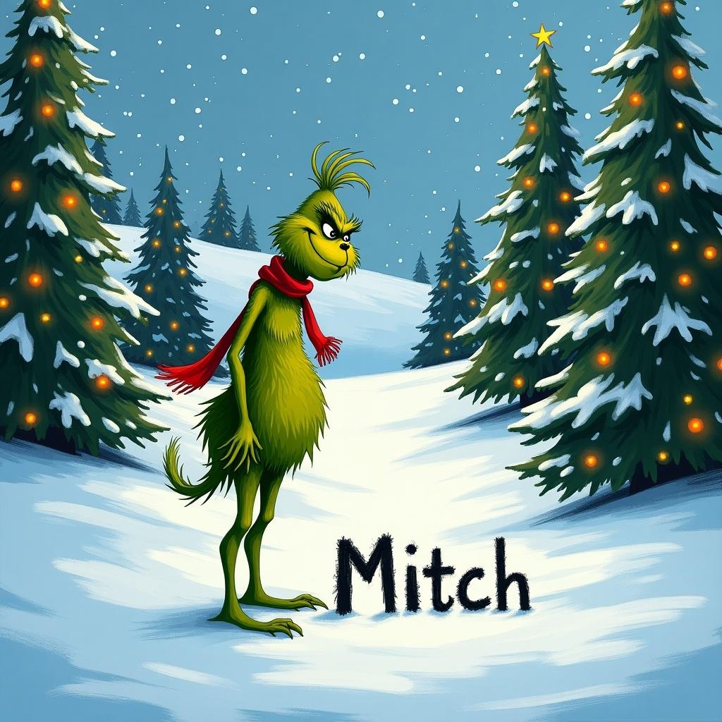 The Grinch outdoors in snowy landscape. Christmas trees decorated with lights. Writing the name Mitch in snow. Scene features snow-covered hills and evergreen trees. Grinch appears green with a red scarf.