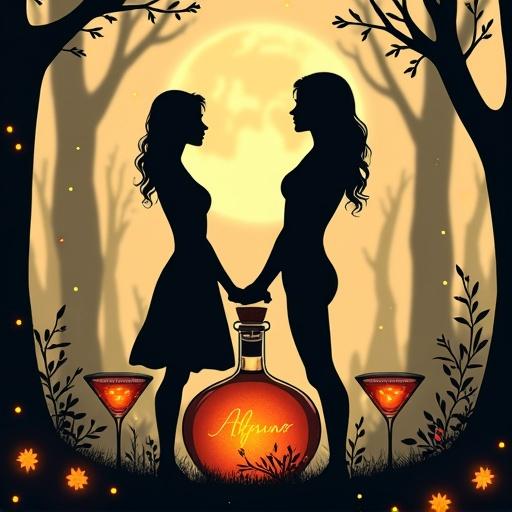Minimalist artwork features couple in negative space in a moonlit forest. They gaze lovingly at each other. Lower apothecary-style bottle sits prominently. The bottle radiates golden glow. Cork lid on top with a hang tag showing 'ALFRUNO'. Two cocktail glasses filled flank the bottle. A few roses and rosemary accents in the scene. Bold black outlines with a uni-beige background highlight the image. Glowing fireflies add magic. The mood is mysterious and elegant.