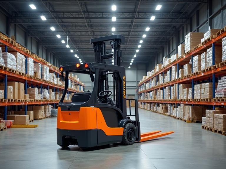 A reach lift truck standing in a warehouse with shelves filled with boxes. The truck has orange and black colors. It is positioned towards the aisle in the warehouse.