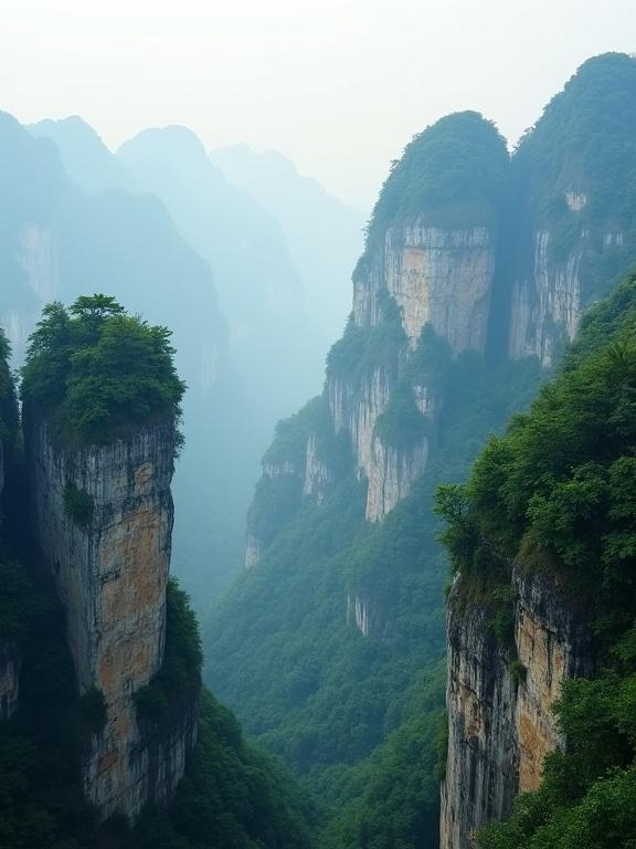 Photograph showcasing mountainous landscape with tall limestone cliffs. Cliffs are covered in greenery. Atmosphere is misty with soft light and natural colors. Background features multiple layers of cliffs and a blue-gray sky. Some cliffs have small trees on top with forested areas below. Scene evokes serenity and peace, with distant mountains fading into mist and a hazy horizon. No people are present, capturing the essence of natural beauty during daytime. Composition is vertical, featuring rugged terrain, rocky textures, and lush vegetation. Overall, it conveys tranquility and calmness in the outdoors.