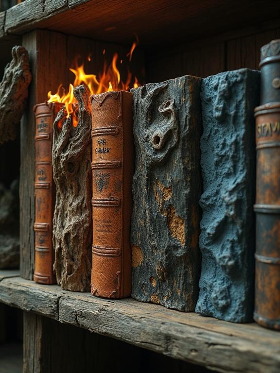 A hyper-realistic art piece depicts a wild library shelf with books made of raw elements. One book is carved stone another gnarled wood. One book contains fire while another flows with water. The scene looks chaotic and primal. The style is cinematic and realistic with high details.