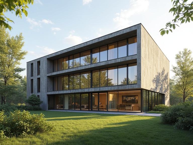 Archviz of a modern office building. Big windows showcase interior. No people present. Sculpture in the setting. Morning light creates a serene atmosphere. Rule of thirds composition used. Photorealistic details emphasized. Expansive garden in the background. Springtime elements enhance the scene.