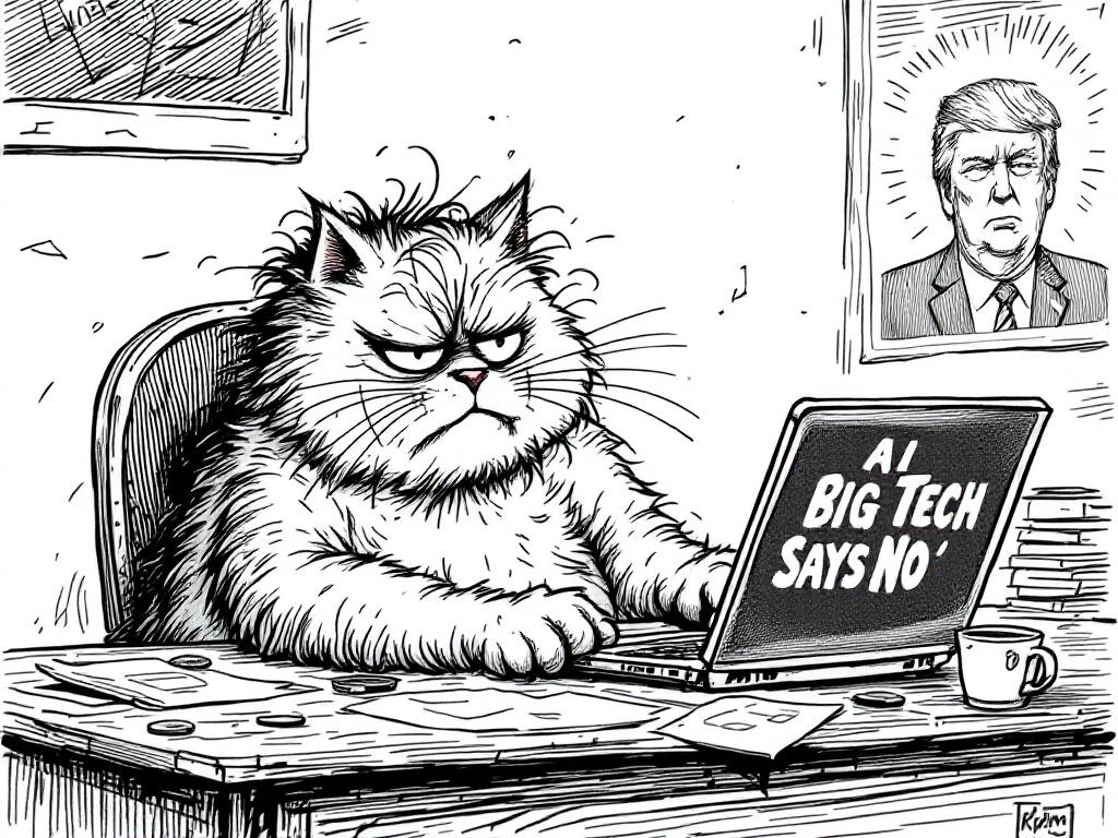A frustrated cat with messy hair sits at a desk. The desk is cluttered with papers and coffee stains. The cat looks annoyed and has sweat on its forehead. The laptop screen reads 'AI Big Tech Says No'. There's a poster on the wall. The art style is black-and-white with detailed line drawing and a hand-drawn appearance.