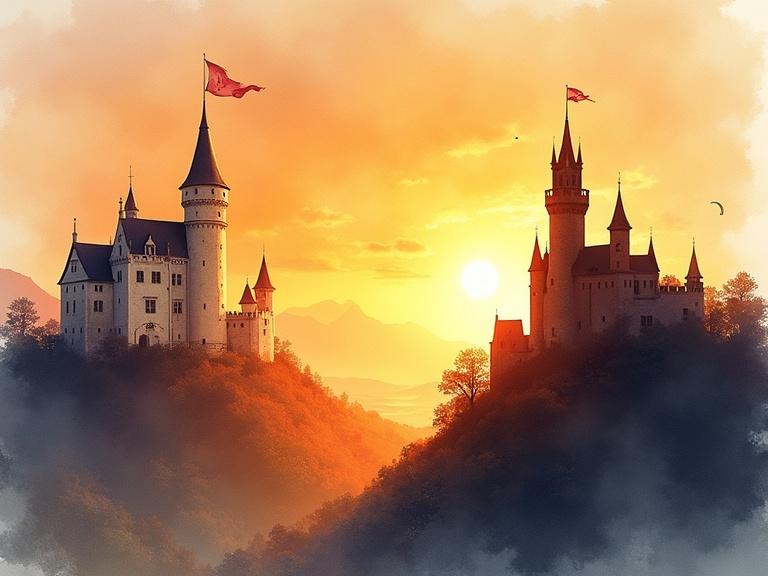 Watercolor and ink artwork depicts two castles on hills during sunset. One castle glows with amber light while the other is silhouetted. The style is cinematic. Under a golden sunset, the two hills frame a serene valley. The left castle has white stone walls. The right features a tall keep and a banner. Ink splatters and gradient effects enhance the artwork's quality.