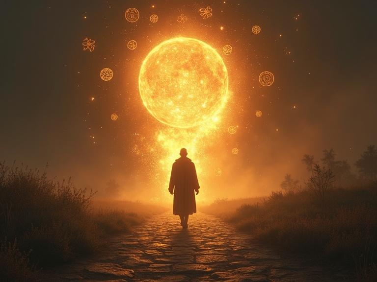 Enoch walking toward a glowing mystery at the end of a path. Ancient symbols floating around. Symbolic style, mystical tones, 9:16 aspect ratio.