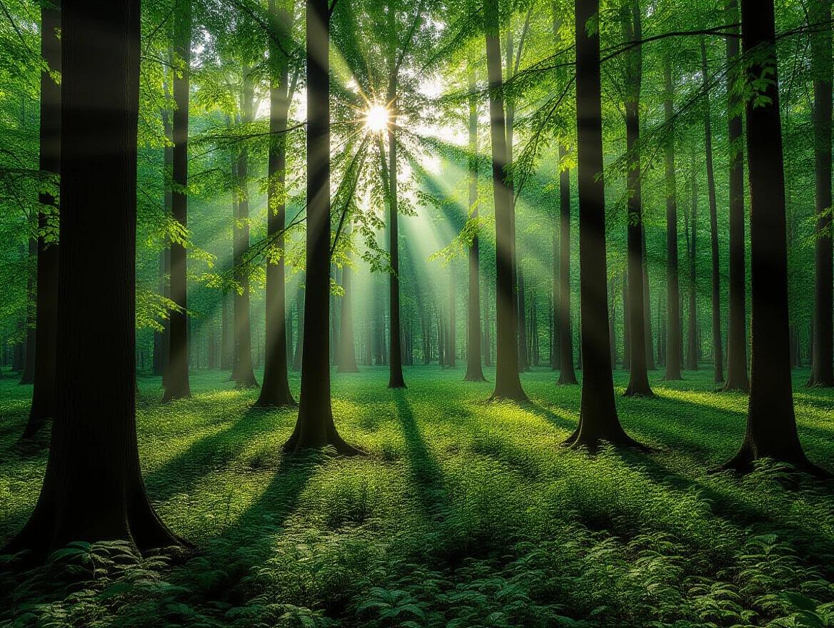 Sunlight filters through leaves in a dense forest. Dappled shadows are cast on the ground. Rich greenery is dominant. Forest floor is covered in ferns. Warm light creates a calming atmosphere.