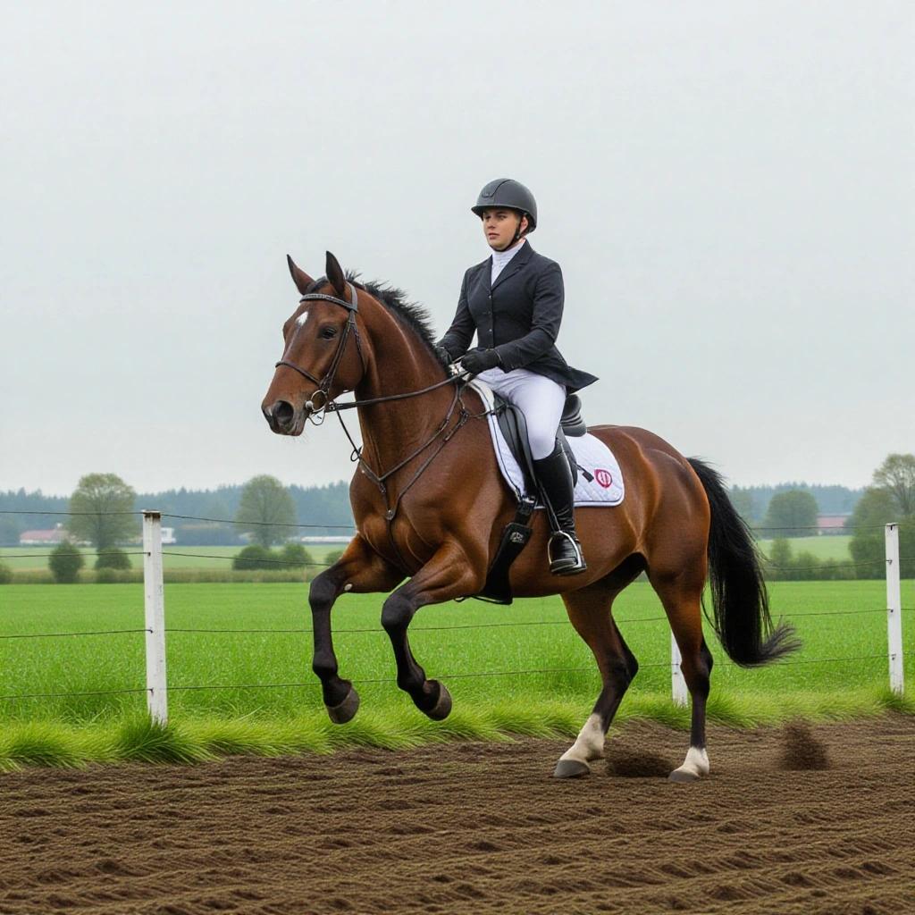 A horse is prancing with a rider. The horse is brown. Background is a muddy field in a rural area. The lighting is cloudy at midday. Hyper-realistic quality.