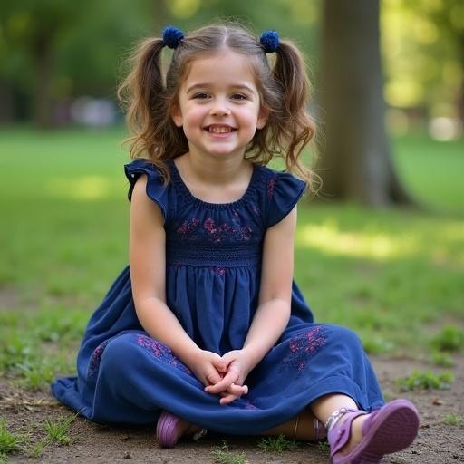 Photo of a five-year-old girl with dark hair two braided pigtails a dark blue dress with pink patterns and purple sandals. The girl sits in a park.