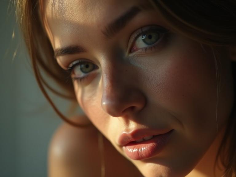 Ultra-detailed high-quality close-up portrait. Focus on woman's face. Highlight her eyes and expression. Use soft directional light. Apply shallow depth of field. Style as photorealistic RAW photo. Cinematic appearance. Shot on ARRI Alexa Mini LF with an anamorphic lens.