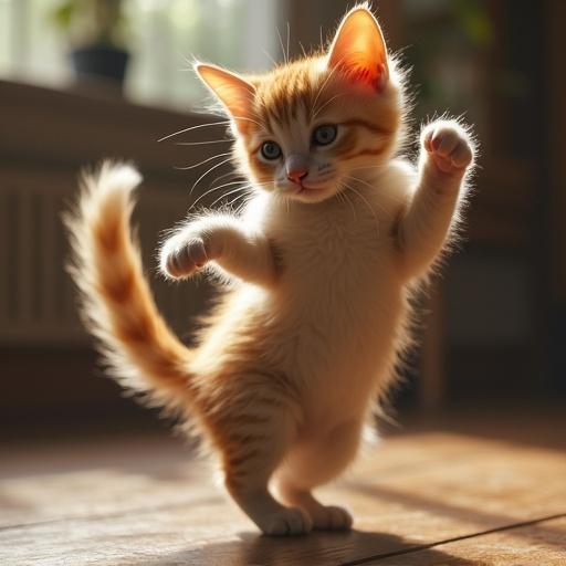 A photorealistic image of a playful orange tabby cat dancing. The cat is on its hind legs with paws raised. Soft natural light from a window illuminates the scene.