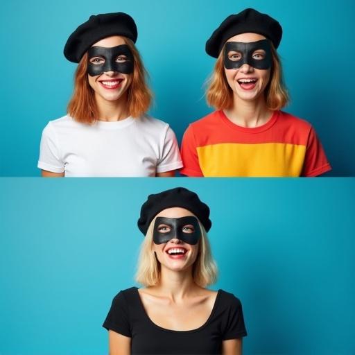 Two women with black masks on their eyes smiling. One wears a white T-shirt and the other a colorful T-shirt. Both have berets. They appear excited. Below, a blonde woman in a black dress looks defeated. Blue background.