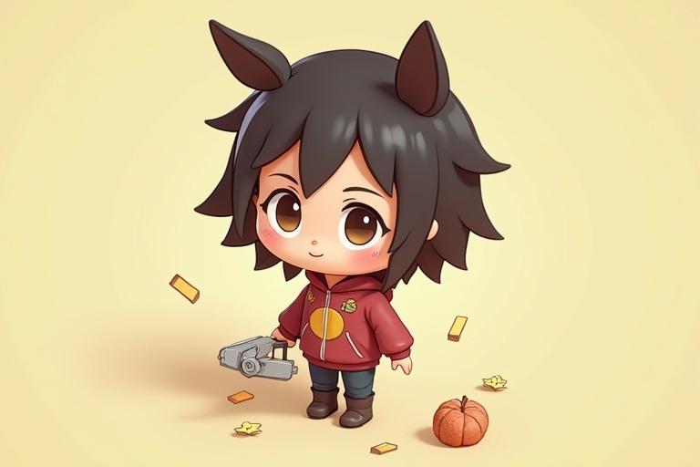 Chibi character inspired by Makima from Chainsaw Man. Character has short dark hair with horns wearing a red hoodie. Holds a toy gun with autumn leaves and a pumpkin around.