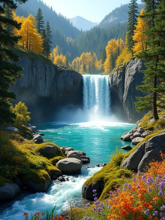 A vibrant natural landscape features a waterfall cascading into a clear turquoise pool. Surrounding by dense forest with colorful autumn foliage. Bright wildflowers in foreground. Bright sky with sunlight filtering through.