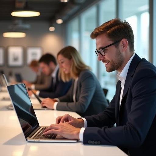Group of young business professionals engaged with laptops in a modern office. Individuals are diverse in attire and are focused on their tasks. Bright office atmosphere with natural lighting creating a dynamic and professional setting.